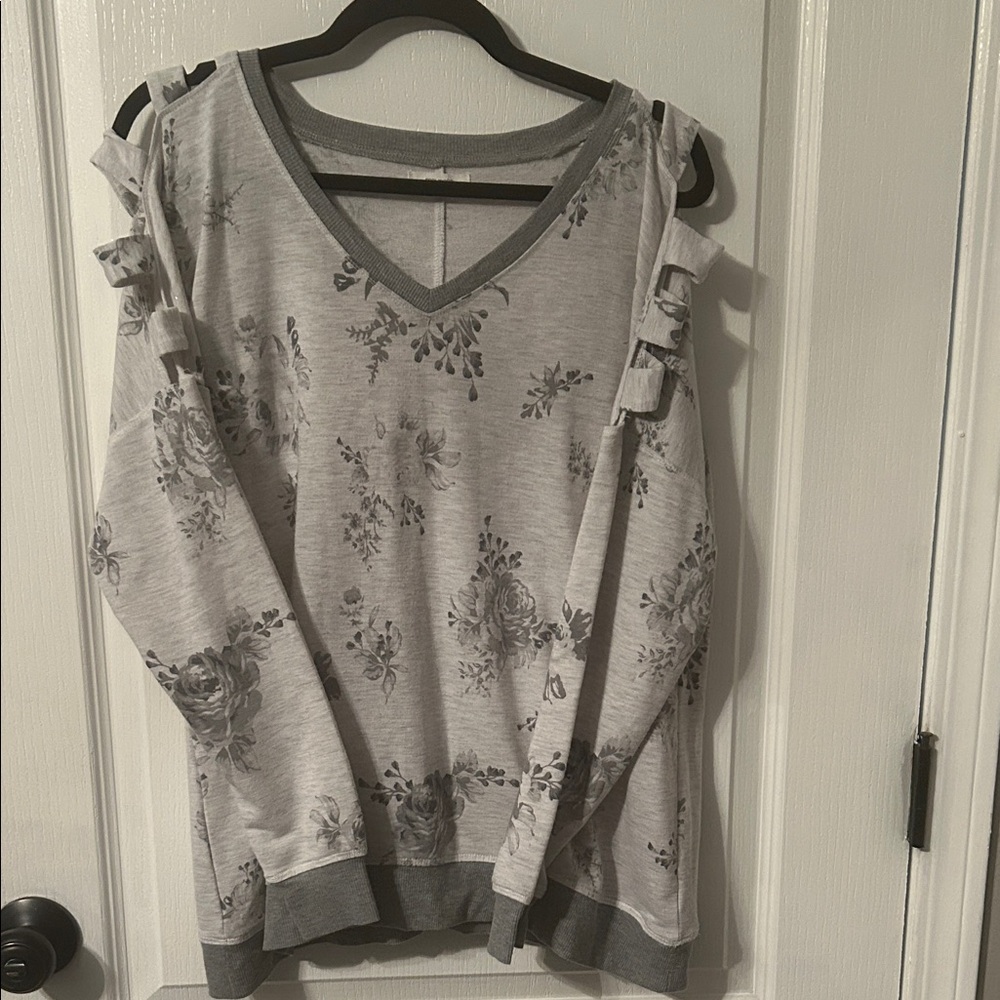 Floral Gray Women's Sweatshirt with Ruffle Details
